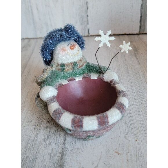 Snowman peppermint snowflake tea light mini candle holder Xmas glitter - Picture 1 of 7